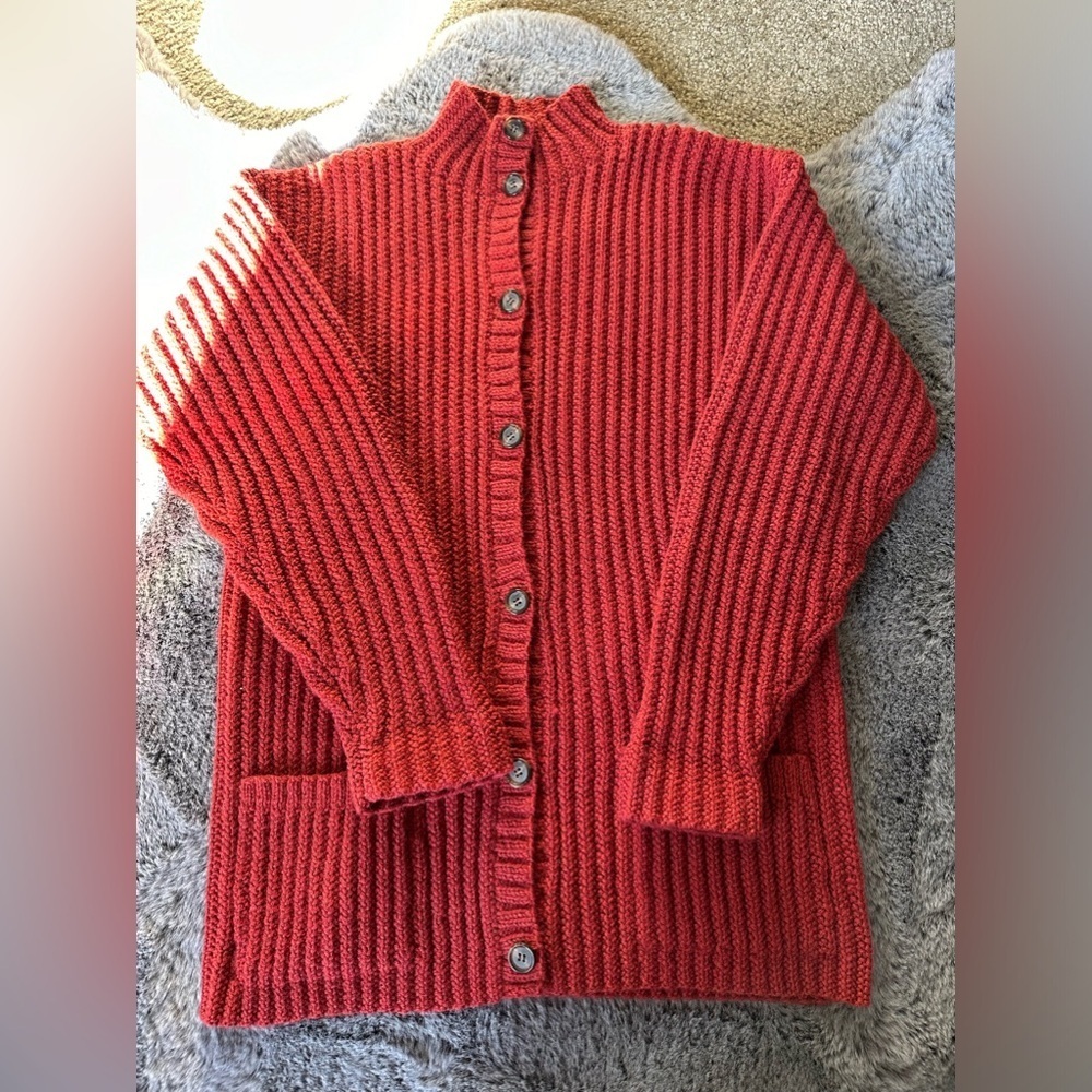 Calvin Klein Vtg Sweater Jacket ButtonBrick Red Wool Hand Knit Ribbed Size M - Picture 6 of 12